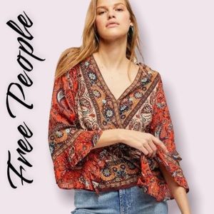 NWT Free People  Boho  Red Combo Wrap Top XS Bell Sleeves, Long Sleeves
